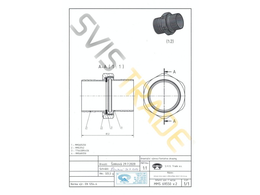 Mosazná spojka hadic šroubovací 50 mm 695 STANDARD